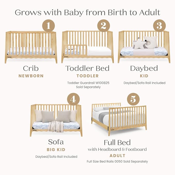 Delta Children Lulu 5-in-1 Convertible Crib, Converts to Toddler Bed, Daybed, Sofa & Full-Size Bed, Greenguard Gold Certified, Fits Standard Crib Mattress, 3 Mattress Heights for Baby, Natural