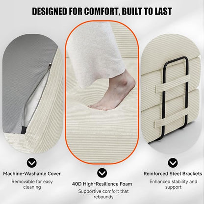 79" Convertible Sleeper Sofa Bed, Corduroy Boneless Fold-Out Couch in a Box, 4-in-1 Loveseat/Futon Couch, High-Density Foam, No Assembly, Side Pockets, 2 Pillows for Small Spaces, White