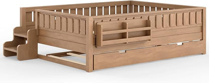 Bellemave Queen Size Kids Bed with high Rails and with Built-in Bookshelf and Trundle for Kids, Girls, Boys, Wood Montessori Bed Without Door, Natural