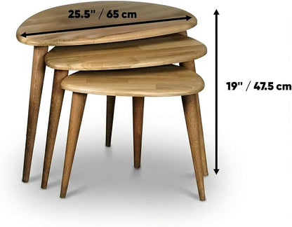 Ultimate Premium Products UPP Solid Nesting Table Set of 3- Chestnut Mid Century Pebble Tables with Tapered Legs – Wooden Home Furniture in a Retro Style - Chestnut
