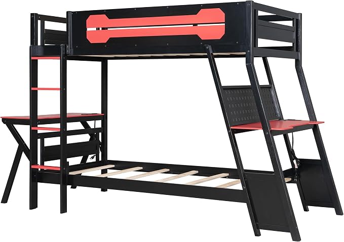 Merax Wooden Twin Over Twin Bunk Bed with 2 Side Desks, USB Desktop Ports and Pegboard Organizer, Gaming Bunk Bed for Gamer, Kids or Teens, No Box Spring Needed, Red
