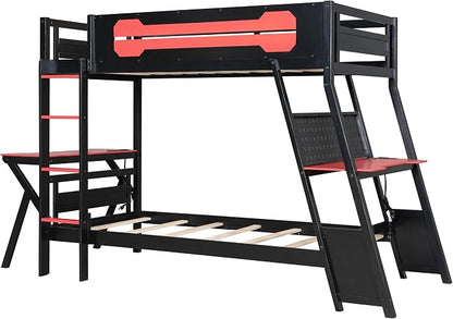 Merax Wooden Twin Over Twin Bunk Bed with 2 Side Desks, USB Desktop Ports and Pegboard Organizer, Gaming Bunk Bed for Gamer, Kids or Teens, No Box Spring Needed, Red
