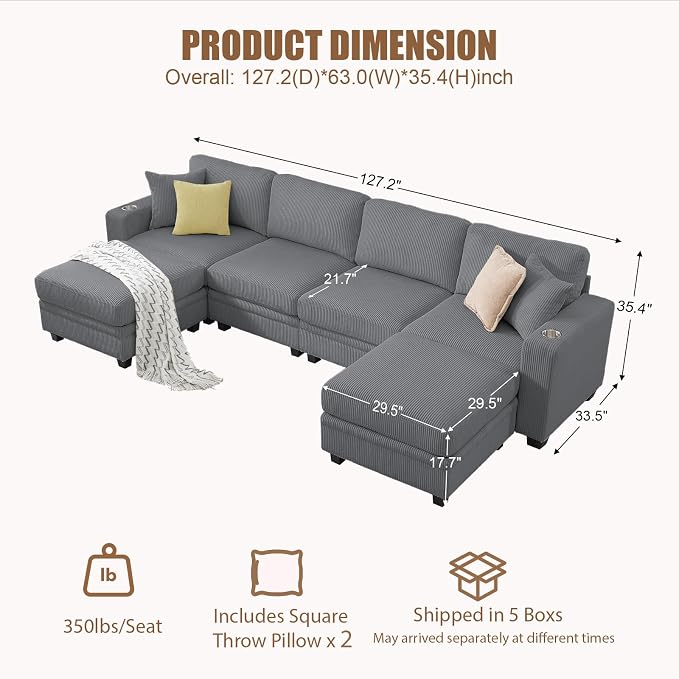 127" Modular Sectional Sofa with Storage, Corduroy 6-Seater U-Shaped Sofa with Ottoman Chaise, Cloud Sectional Couches for Living Room, Apartment