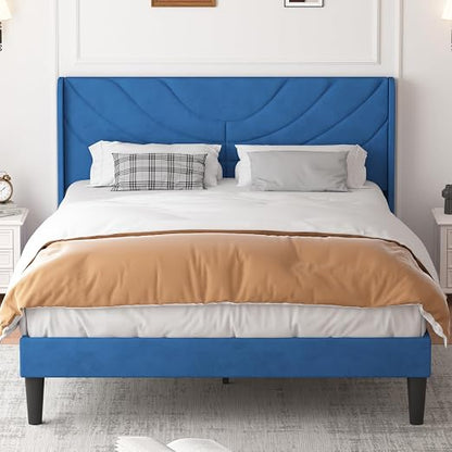 VECELO Upholstered Platform Full Bed Frame with Fabric Headboard,Wooden Slats Support/No Box Spring Needed/Mattress Foundation,Dark Blue