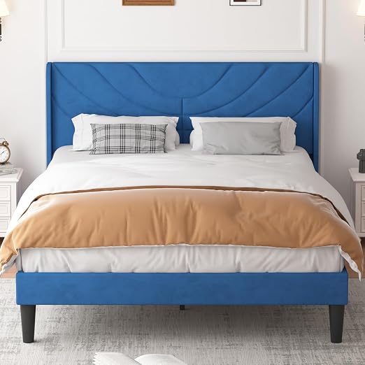 VECELO Upholstered Platform Full Bed Frame with Fabric Headboard,Wooden Slats Support/No Box Spring Needed/Mattress Foundation,Dark Blue