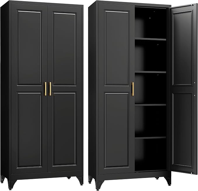 SteeLoong Kitchen Pantry Cabinet,75”Black Metal Storage Cabinets with Doors and 4 Adjustable Shelves,Kitchen Cabinet with 2 Gold Handles,Tall Cabinet for Livingroom, Bathroom