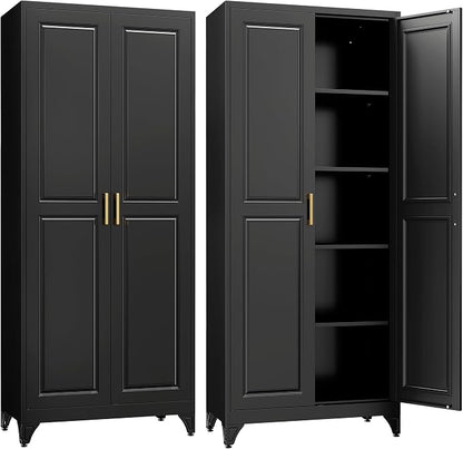 SteeLoong Kitchen Pantry Cabinet,75”Black Metal Storage Cabinets with Doors and 4 Adjustable Shelves,Kitchen Cabinet with 2 Gold Handles,Tall Cabinet for Livingroom, Bathroom
