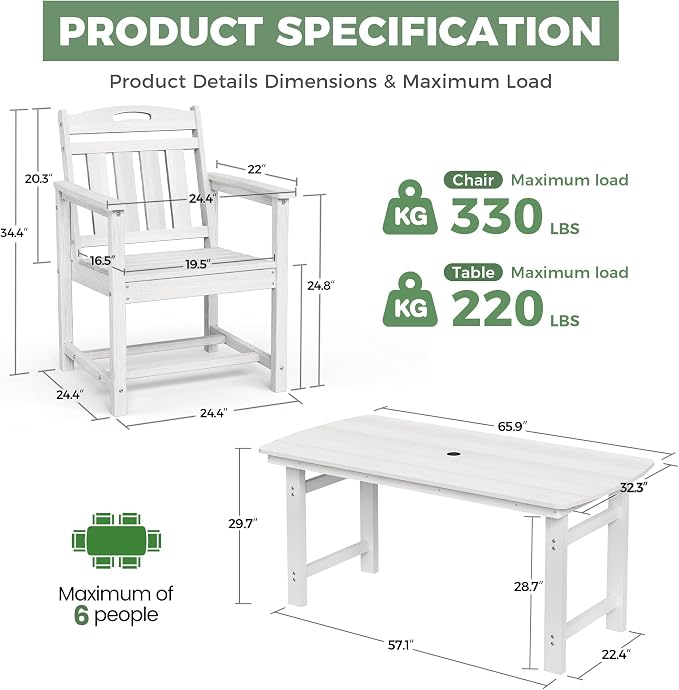 HDPE Outdoor Dining Set, Patio Table and Chairs Set, All-Weather 7-Piece Outside Table and 6 Chairs, 2" Umbrella Hole, Outdoor Furniture for Garden, Poolside, Backyard, Deck | White