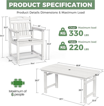 HDPE Outdoor Dining Set, Patio Table and Chairs Set, All-Weather 7-Piece Outside Table and 6 Chairs, 2" Umbrella Hole, Outdoor Furniture for Garden, Poolside, Backyard, Deck | White