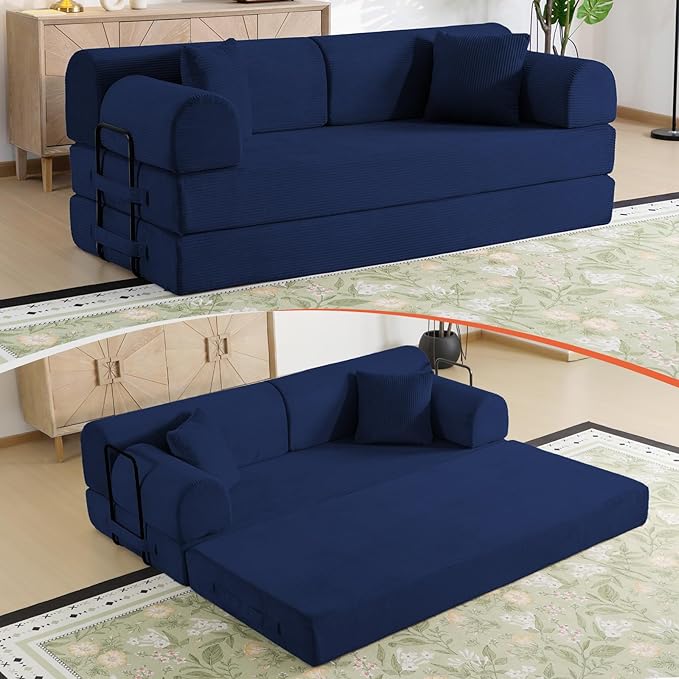 78.8" Memory Foam Boneless Couch, Corduroy Floor Sofa Bed, Convertible Sleeper Futon Loveseat, Wide Armrests & Back Support, Supports Up to 1200 lbs, Couch in a Box with 2 Pillows, Navy Blue