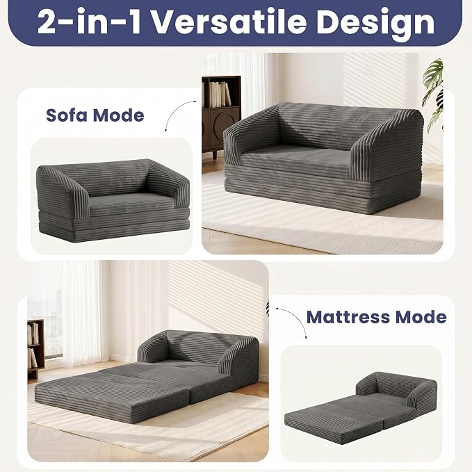 JUIKURY Convertible Sofa Bed, 3-in-1 Foldable Loveseat Couch with Armrest, Corduroy Floor Sofa & Sleeper Bed, No Assembly High-Density Foam Futon Mattress for Living Room, Small Apartment, Dorm