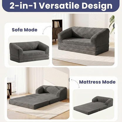 JUIKURY Convertible Sofa Bed, 3-in-1 Foldable Loveseat Couch with Armrest, Corduroy Floor Sofa & Sleeper Bed, No Assembly High-Density Foam Futon Mattress for Living Room, Small Apartment, Dorm