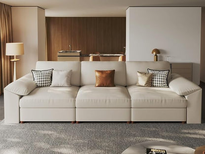 EASE MOOSE Sectional Faux Leather Sofa, Scratch Resistant Couch, 3-Seater Oversized Modular Sofa, Modern Comfy Sofas Deep Seats for Small Spaces, Beige
