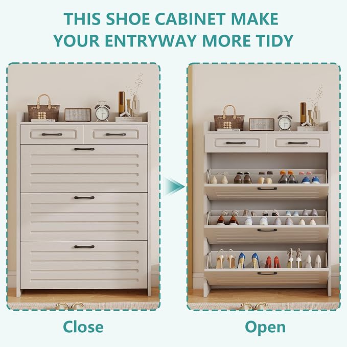 Shoe Cabinet with 3 Large Flip Drawers and 2 Storage Drawers, Narrow Shoe Organizer Cabinet Fits for Kinds of Shoes, Slim Shoe Storage Cabinet for Entryway, Hallway, White
