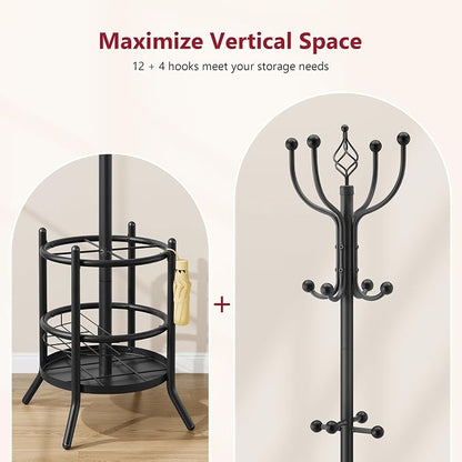 Tajsoon Coat Rack Stand with Umbrella Holder, Coat Tree Freestanding with 16 Hooks, Coat Hangers Stand for Living Room, Bedroom, Office, Black