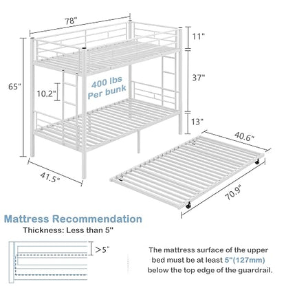 VECELO Twin Over Twin Bunk Bed with Trundle, Off White | Metal Bunkbeds, 2 Side Ladders, Full-Length Guardrail, Noise Free, No Box Spring Needed