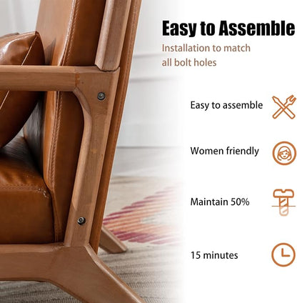 INZOY Mid Century Modern Accent Chair with Wood Frame, PU Leather Reading Armchair with Waist Cushion, Upholstered Living Room Chairs for Bedroom Sunroom (Camel)