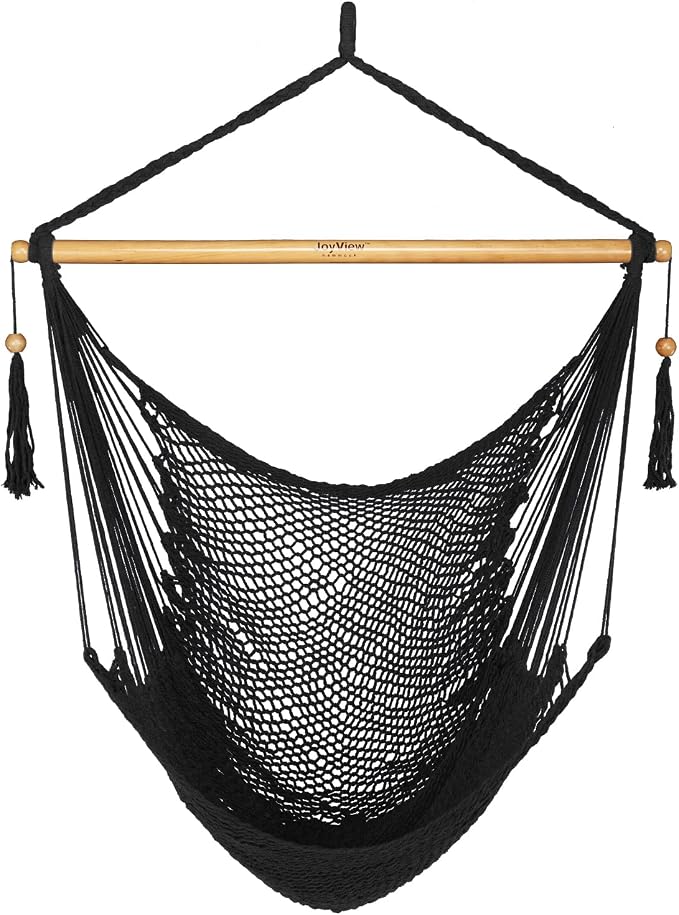 JoyView Hammock Chair with Spreader Bar Caribbean Hammock Swing Chair 300 LBS Weight Capacity XL Rope Hanging Chair for Outdoor Indoor Garden Yard - Black