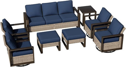 Outdoor Patio Swivel Rocker Chairs, 8 Pieces Wicker Furniture Set, 4 Swivel Rocking Chairs, 1 Sofa, 2 Ottoman and 1 Table, Wide Armrest, Thick Cushions and Deep Seating for Garden, Backyard, Porch