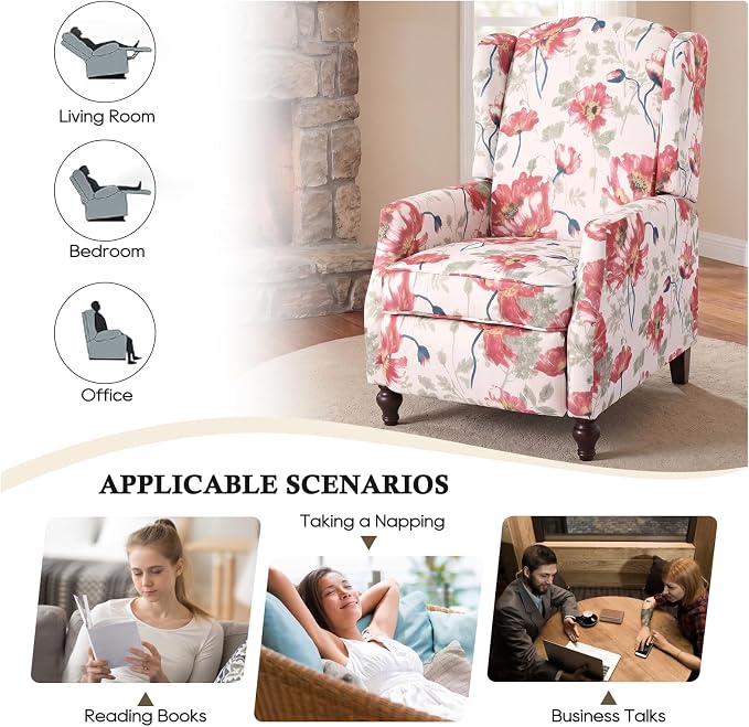 Upholstered Wingback Recliner Chair, Mid Century Modern Manual Push Back Recliner for Living Room, Bedroom (2, Red Floral)