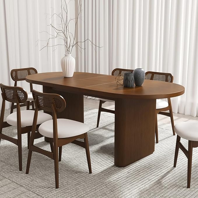 homary Extendable Oval Dining Table 63"-79", Japandi Style Kitchen Table for 4-6 People, Double Pedestal Base, Space-Saving Design for Family Gatherings, Holiday Dinners (Table Only)