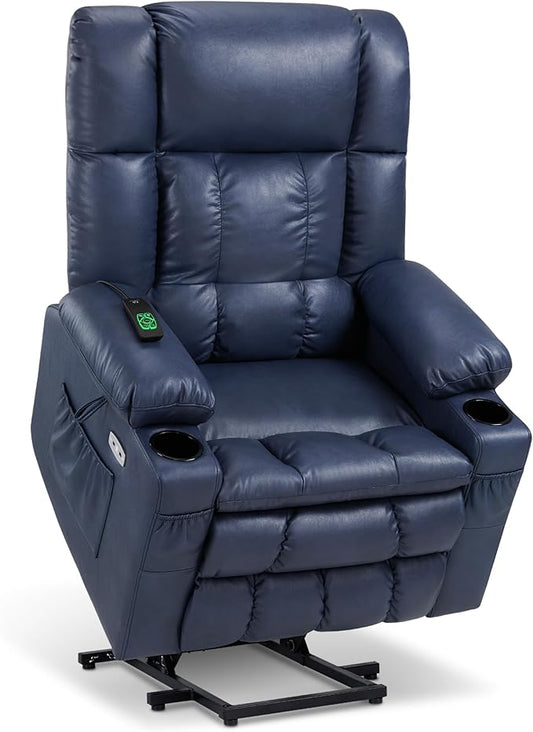 MCombo Dual Motor Power Lift Recliner Chair for Elderly, Lay Flat Lift Chair with Heat and Massage, Cup Holders, USB Ports, Faux Leather 7890 (Blue, Medium)
