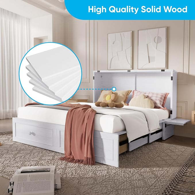 Mjkone Queen Size Murphy Cabinet Bed with Tri-Fold Mattress, Multi-Functional Cube Cabinet Bed, Mobile Wall Beds Chest with Storage Drawers and USB Charging Station for Bedroom Office, White