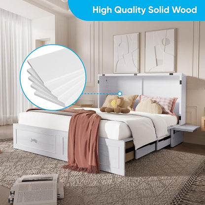 Mjkone Queen Size Murphy Cabinet Bed with Tri-Fold Mattress, Multi-Functional Cube Cabinet Bed, Mobile Wall Beds Chest with Storage Drawers and USB Charging Station for Bedroom Office, White