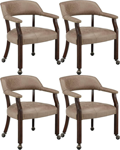 LEEMTORIG Set of 4 Dining Chairs with Casters and Arms, Rolling Dining Chairs with Wheels for Elderly, Ergonomic Wide Seat Wood Office Chair, 26" Dx25.2 W, Espresso Legs&Yellow Brown Fabric SY-318-LT