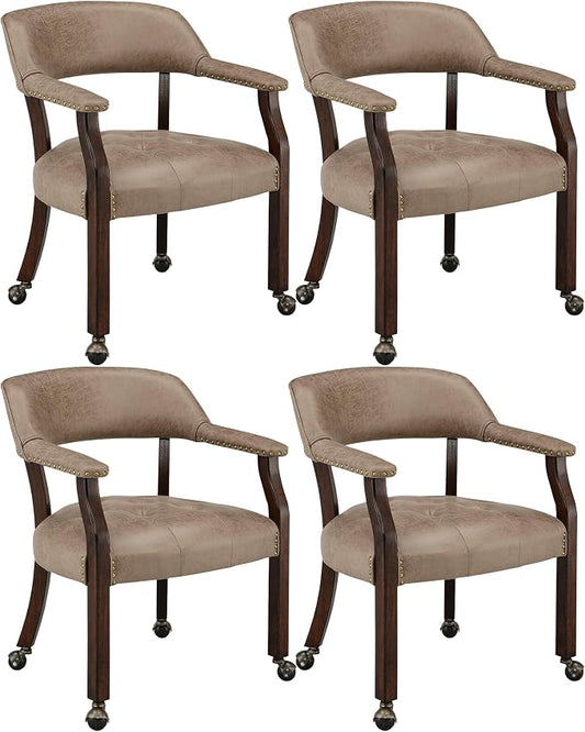 LEEMTORIG Set of 4 Dining Chairs with Casters and Arms, Rolling Dining Chairs with Wheels for Elderly, Ergonomic Wide Seat Wood Office Chair, 26" Dx25.2 W, Espresso Legs&Yellow Brown Fabric SY-318-LT