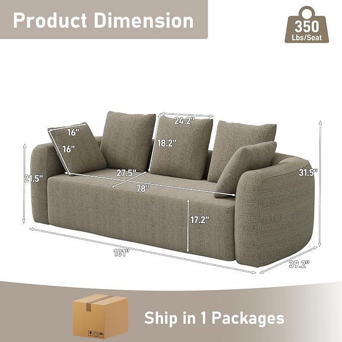 Curved Modern Couch Sofa,Boneless Couch， Modern 3 Seater Cloud Couch,Deep Seat