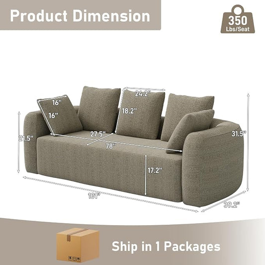 Curved Modern Couch Sofa,Boneless Couch， Modern 3 Seater Cloud Couch,Deep Seat