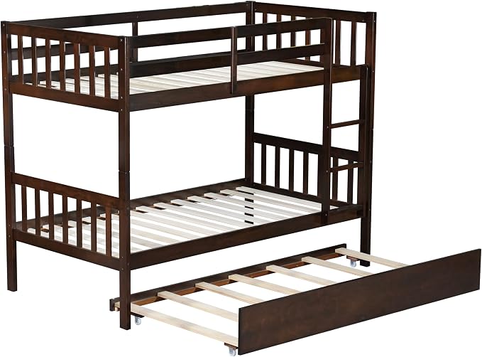 Bellemave Twin Over Twin Bunk Bed with Trundle,Convertible Bunk Beds with Ladder & Safety Guardrails,Twin Size Bunk Beds for Kids Girls Boys,Espresso