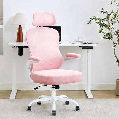 Ergonomic Office Chair,Ultra Thick Spring Cushion Desk Chair,Pink | Adjustable Lumbar Support and Headrest,Flip-up Arms,Rocking Function,Mesh Home Office Computer Chair