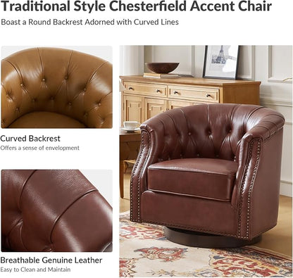 HULALA HOME Genuine Leather Swivel Accent Chairs Set of 2, Swivel Rocker Barrel Chairs, Traditional Chesterfield Armchairs with Button-Tufted Design, No Assembly Required, Brown