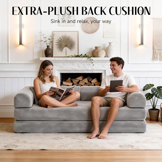 78.8" Memory Foam Boneless Couch, Corduroy Floor Sofa Bed, Convertible Sleeper Futon Loveseat, Wide Armrests & Back Support, Supports Up to 1200 lbs, Couch in a Box with 2 Pillows, Light Grey