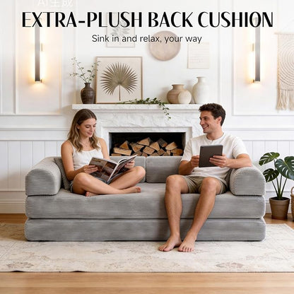 78.8" Memory Foam Boneless Couch, Corduroy Floor Sofa Bed, Convertible Sleeper Futon Loveseat, Wide Armrests & Back Support, Supports Up to 1200 lbs, Couch in a Box with 2 Pillows, Light Grey