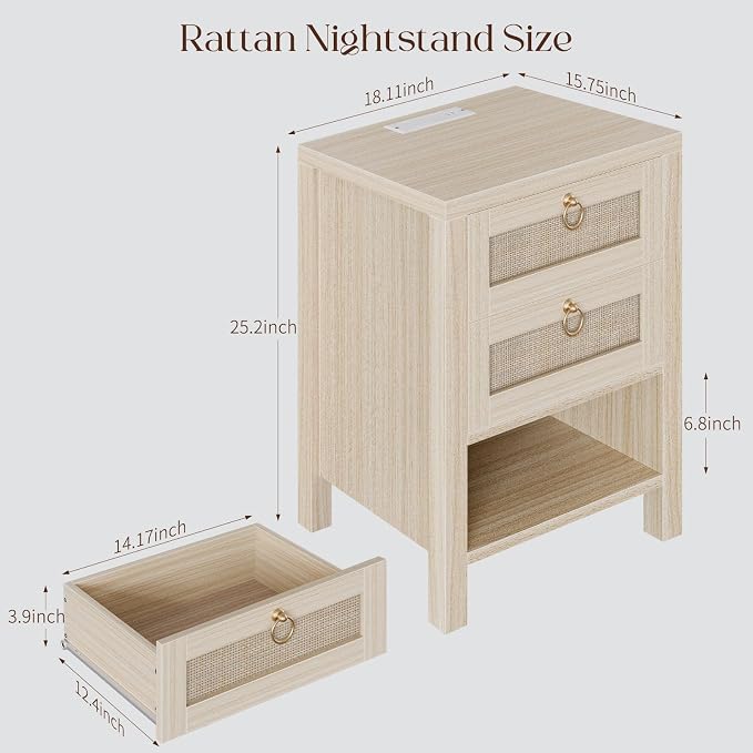 Rattan Night Stand with Drawers - Boho Nightstand with Charging Station, Bedside Table with Storage Shelf, Accent Side Table End Tables Living Room, Wood Nightstands for Bedroom, White Oak
