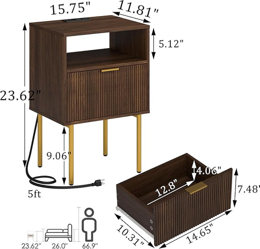 JOONEE Nightstand with Outlet and Led Light, Bedside Table with Storage Drawer, Fluted Side Table for Living Room, Bedroom