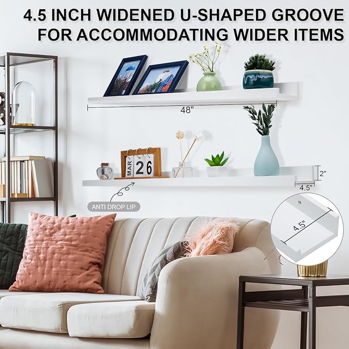 MBYD Whtie Wood Floating Photo Shelves 48 Inch Long Wall Mounted Picture Photo Ledge Display Shelf Nursery Book Shelves for Bedrooms Office Living Room Kitchen 3 Same Sizes