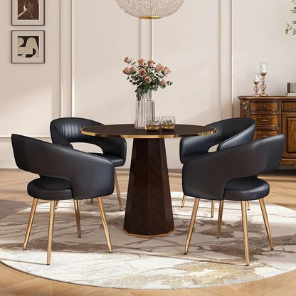 Hyfirm Dining Chairs Set of 2, Black Side Chairs with Hollow Back, PU Leather Upholstered Accent Chairs with Gold Metal Legs, Modern Kitchen Chairs for Living Room Restaurant