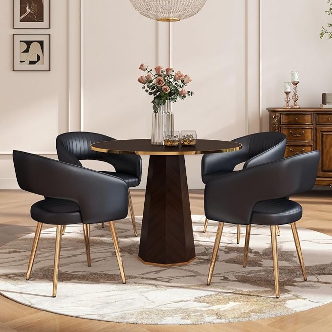 Hyfirm Dining Chairs Set of 4, Black Side Chairs with Hollow Back, PU Leather Upholstered Accent Chairs with Gold Metal Legs, Modern Kitchen Chairs for Living Room Restaurant