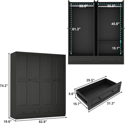 Armoire Wardrobe Closet with Drawers: 74" Black Tall Wooden Wardrobe Closet for Hanging Clothes, Large Bedroom Armoires with 2 Drawers, 4 Door Armoire Storage Cabinet (Black, 63")