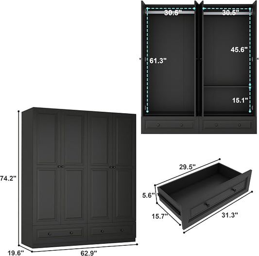 Armoire Wardrobe Closet with Drawers: 74" Black Wardrobe Closet with 4 Doors, Bedroom Armoires with 2 Drawers, Wood Closets Cabinet for Hanging Clothes (Black, 63")