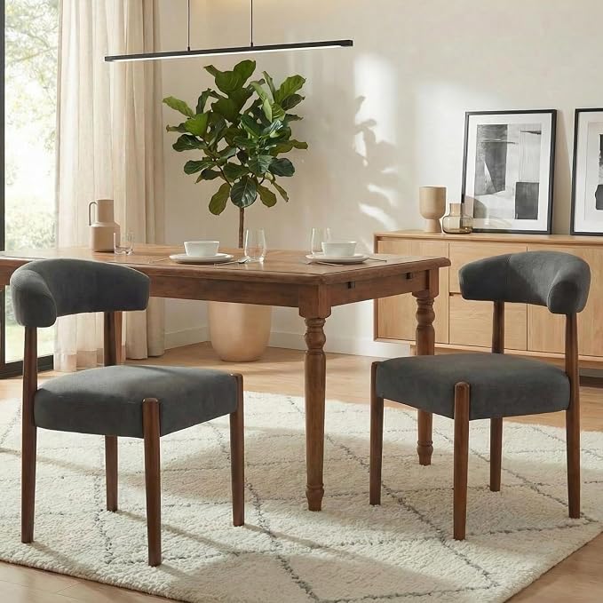 VKNOW Wooden Dining Chairs Set of 2, Modern Upholstered Dining Room Chairs with Walnut Wood Legs and Curved Backrest, Fabric Kitchen Chairs for Farmhouse/Living Room/Dining Room, Charcoal
