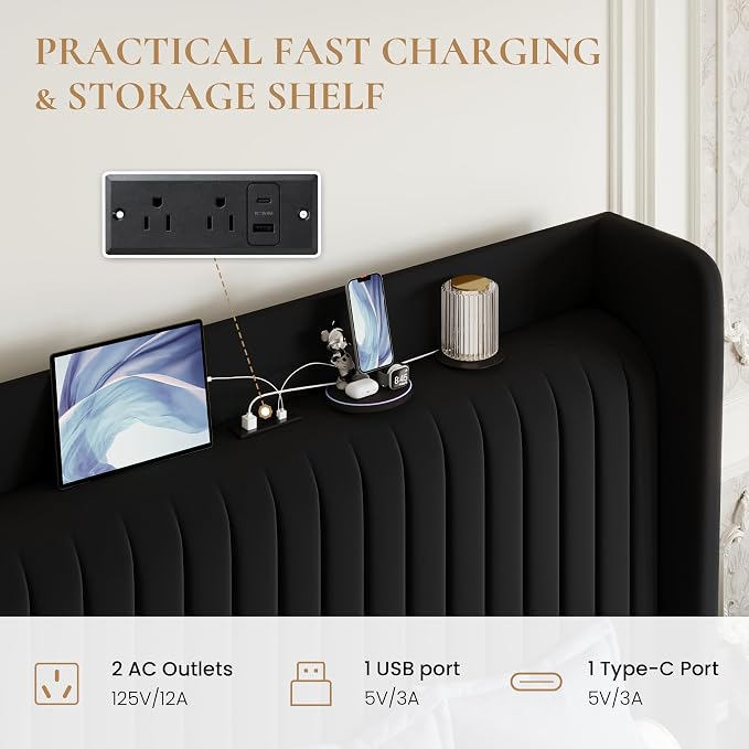 SHA CERLIN Full Size Velvet Bed Frame with USB Charging Station, Wingback Storage Headboard, Upholstered Platform Bed with Wooden Slats Support, No Box Spring Needed, Easy Assembly, Black