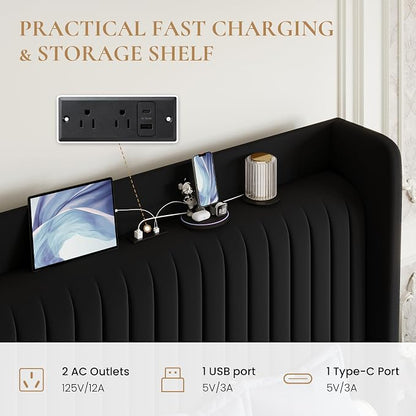 SHA CERLIN Full Size Velvet Bed Frame with USB Charging Station, Wingback Storage Headboard, Upholstered Platform Bed with Wooden Slats Support, No Box Spring Needed, Easy Assembly, Black
