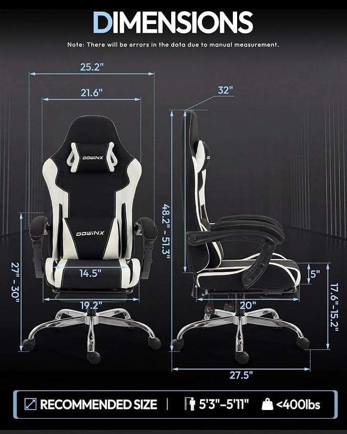 Dowinx Ergonomic Gaming Chair with Footrest & Massage Lumbar, 2D-Linkage Armrests for Computer Chair 330lbs with Headrest Pillow for Office, Home, Streaming and Long Gaming Sessions, Fabric White