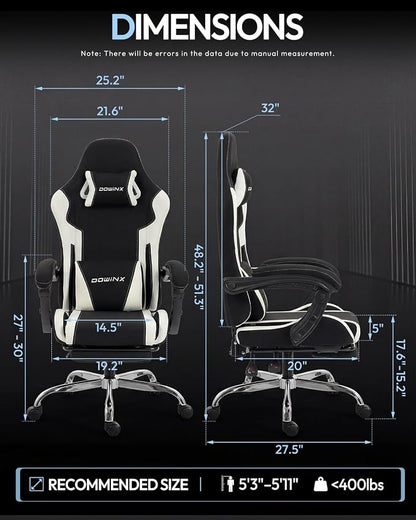 Dowinx Ergonomic Gaming Chair with Footrest & Massage Lumbar, 2D-Linkage Armrests for Computer Chair 330lbs with Headrest Pillow for Office, Home, Streaming and Long Gaming Sessions, Fabric White