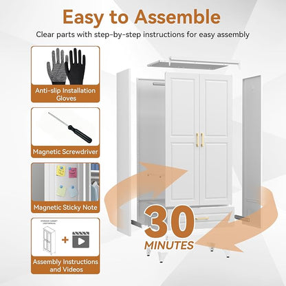 Polup Metal Wardrobe Closet with Doors and Shelves, 71" Tall Steel Armoire with Hanging Rod & Storage Drawer, Sturdy Freestanding Clothes Organizer for Bedroom, Office, Laundry Room, White
